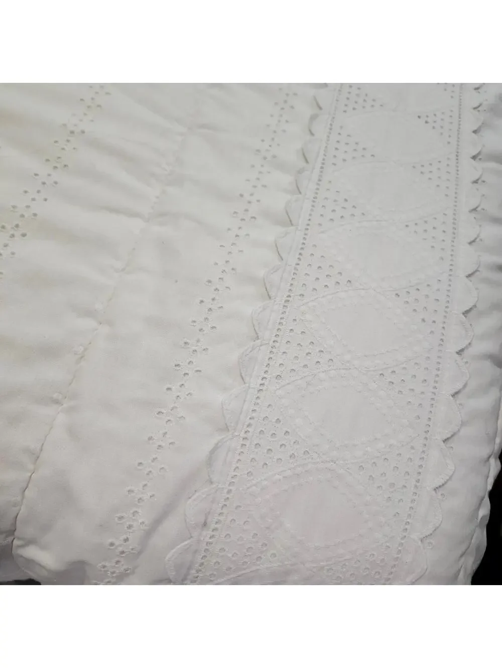 White Quilted Bedspread with Embroidered Details Eyelet Lace Made in USA Queen